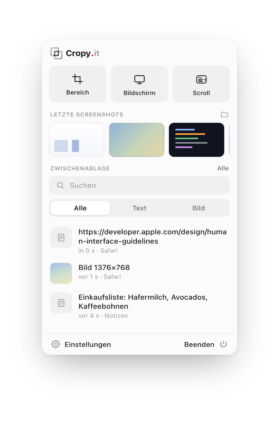 Cropy.it-Hauptfenster mit Aufnahme-Arten (Bereich, Bildschirm, Scroll), letzten Screenshots und Zwischenablage