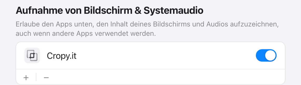 Systemeinstellungen: Aufnahme von Bildschirm & Systemaudio – Schalter neben Cropy.it aktivieren