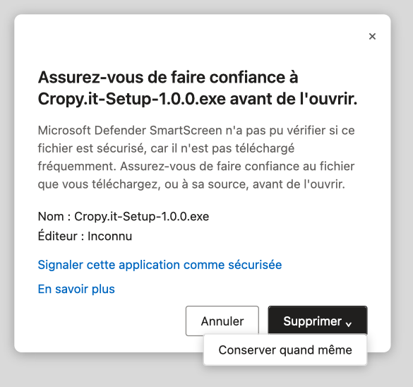 Microsoft Edge : conserver le téléchargement – cliquer sur Conserver quand même
