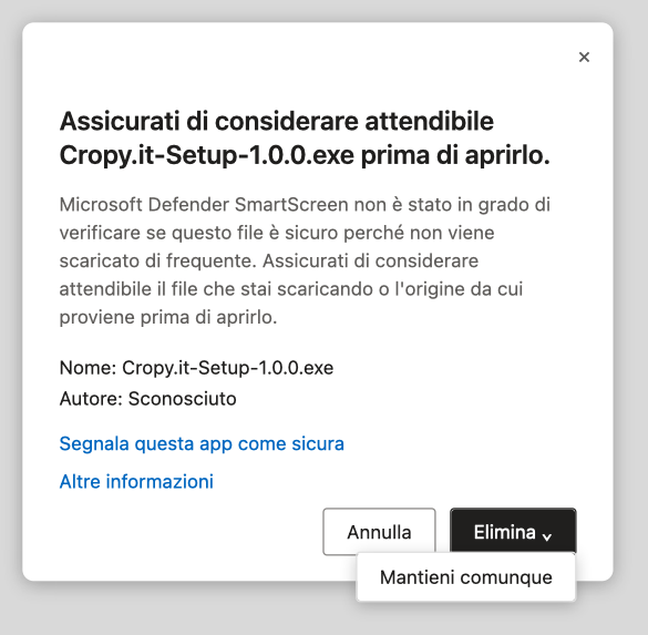 Microsoft Edge: mantieni il download – clicca su Mantieni comunque
