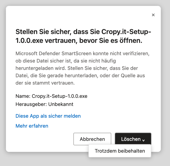 Microsoft Edge: Download behalten – auf Trotzdem beibehalten klicken