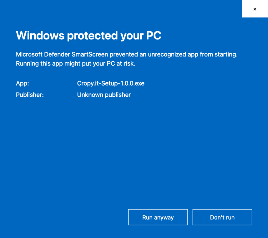 Windows SmartScreen: More info, then Run anyway
