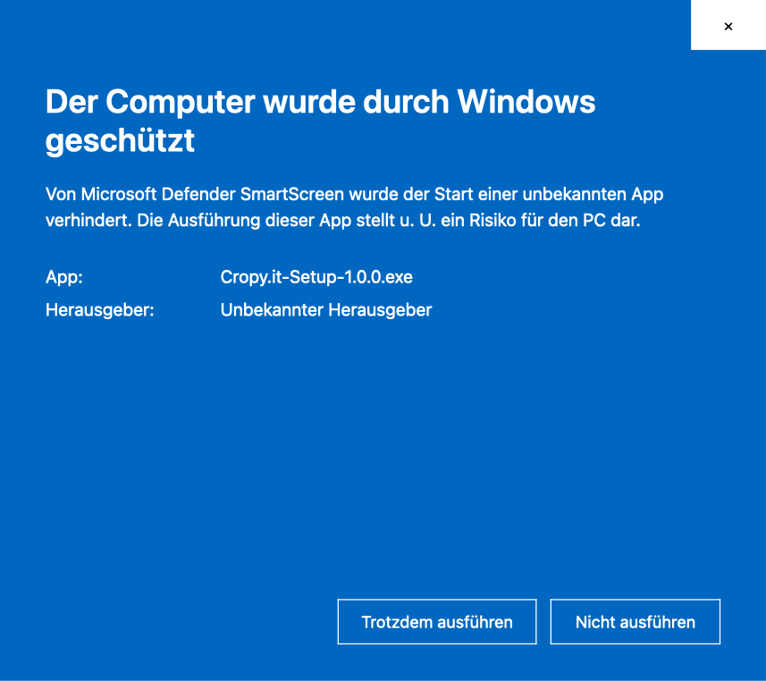Windows SmartScreen: Weitere Informationen, dann Trotzdem ausführen